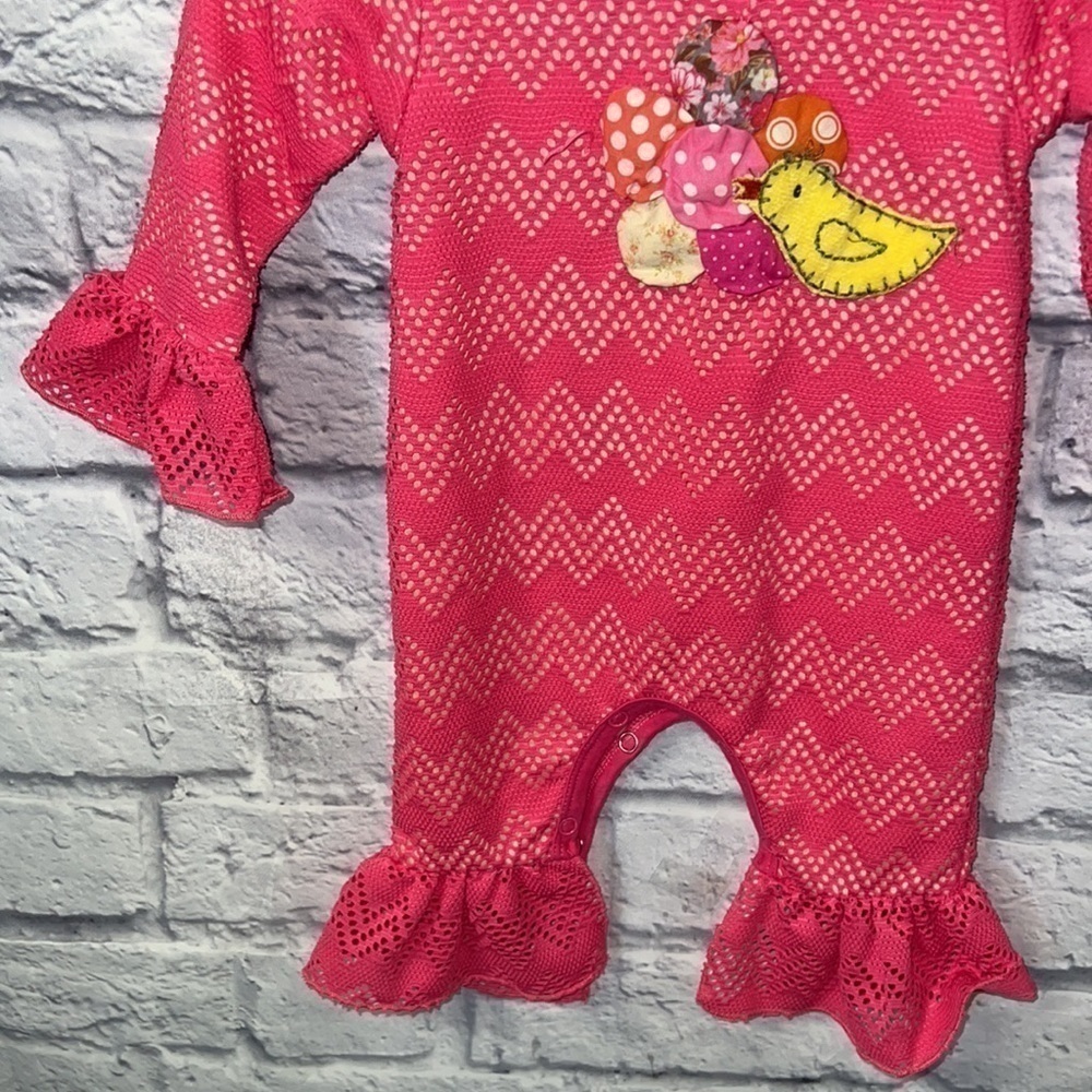 cachcach 3M pink lace overlay ruffle snap legs. bird & flowers appliqué romper - Picture 5 of 9
